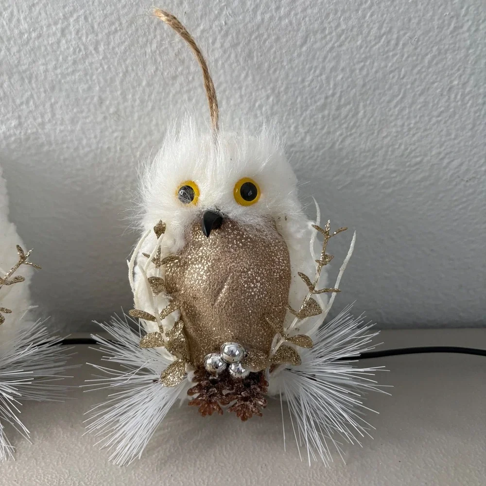 Set of 2 White Faux Fur Owl Christmas Ornaments Rose Gold Glitter Accents 5